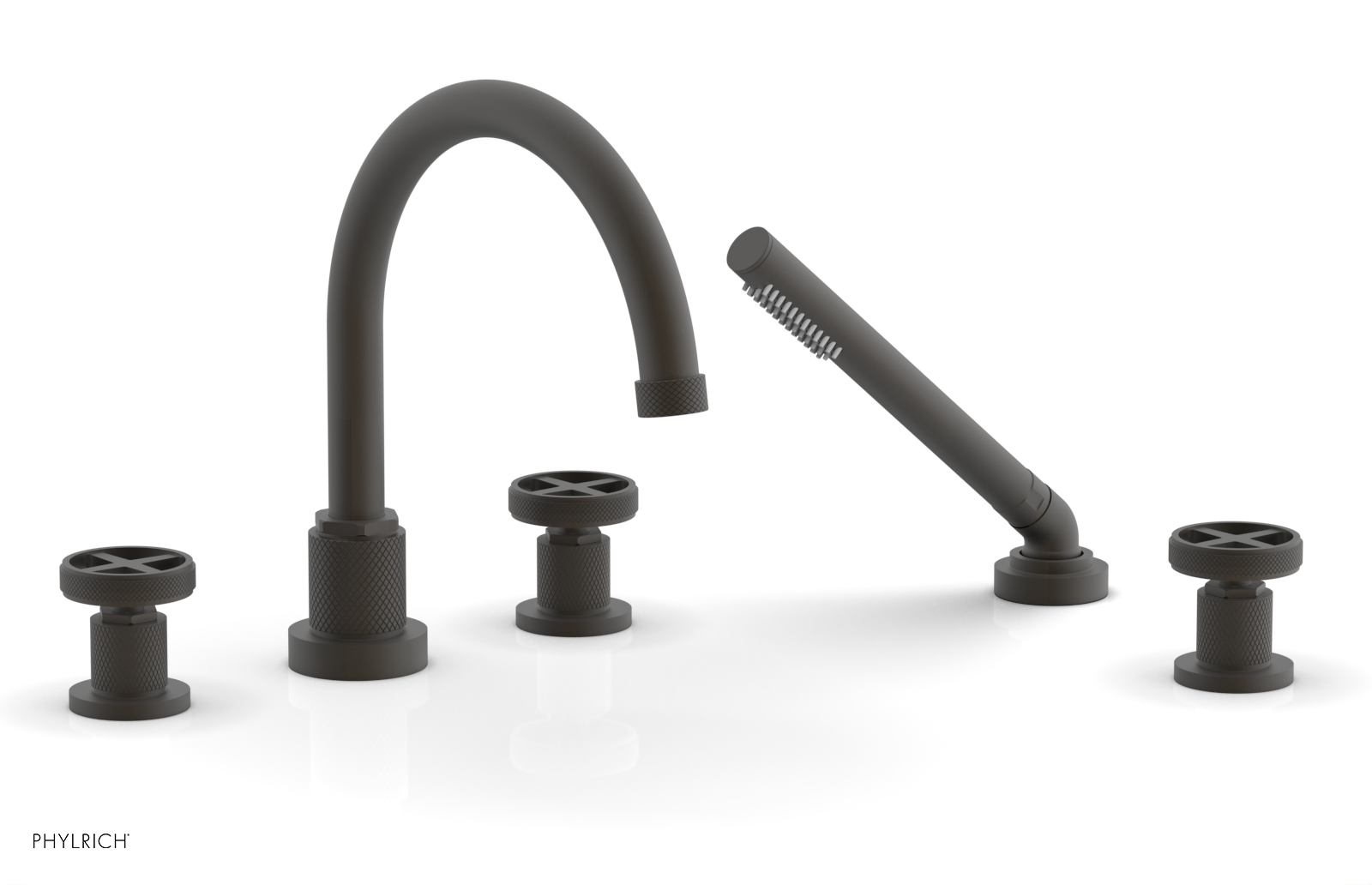 Phylrich Dustrie Knurled Deck Tub Set with Hand Shower with Cross Handles