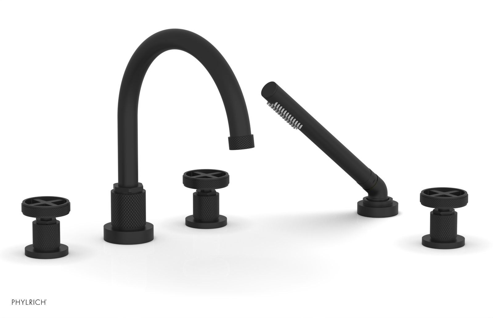 Phylrich Dustrie Knurled Deck Tub Set with Hand Shower with Cross Handles