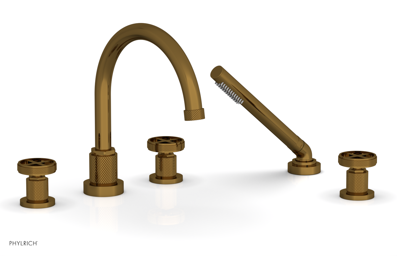 Phylrich Dustrie Knurled Deck Tub Set with Hand Shower with Cross Handles