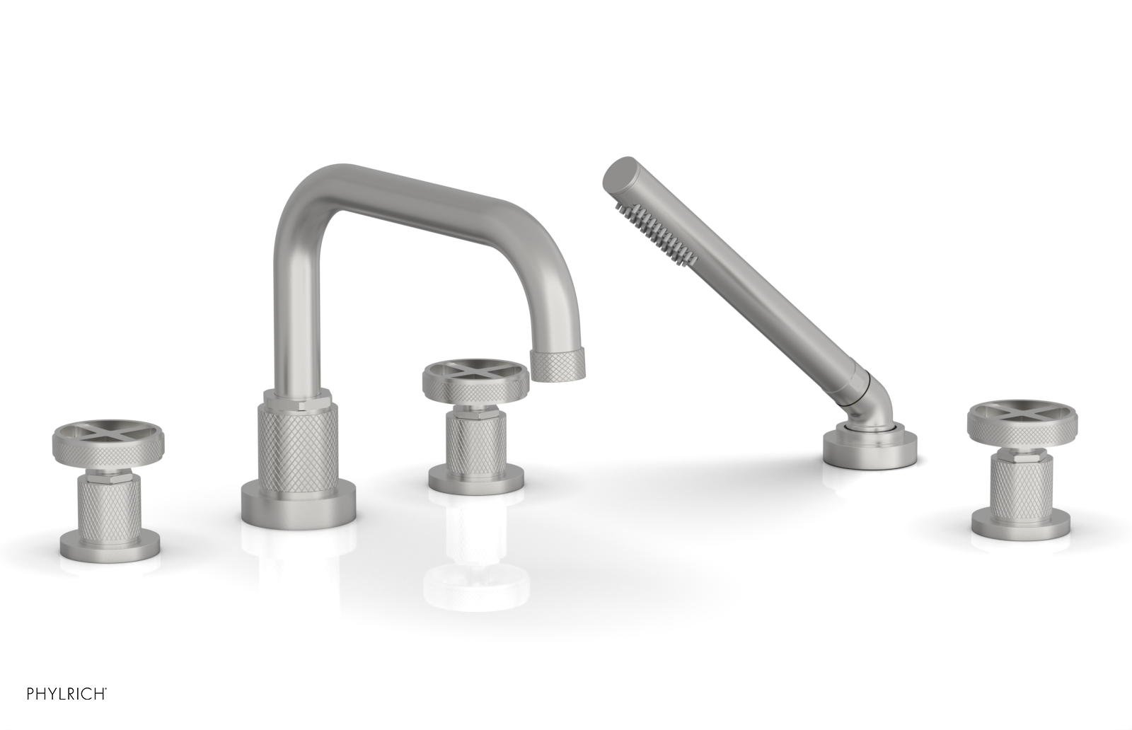 Phylrich Dustrie Knurled Deck Tub Set with Hand Shower with Cross Handles