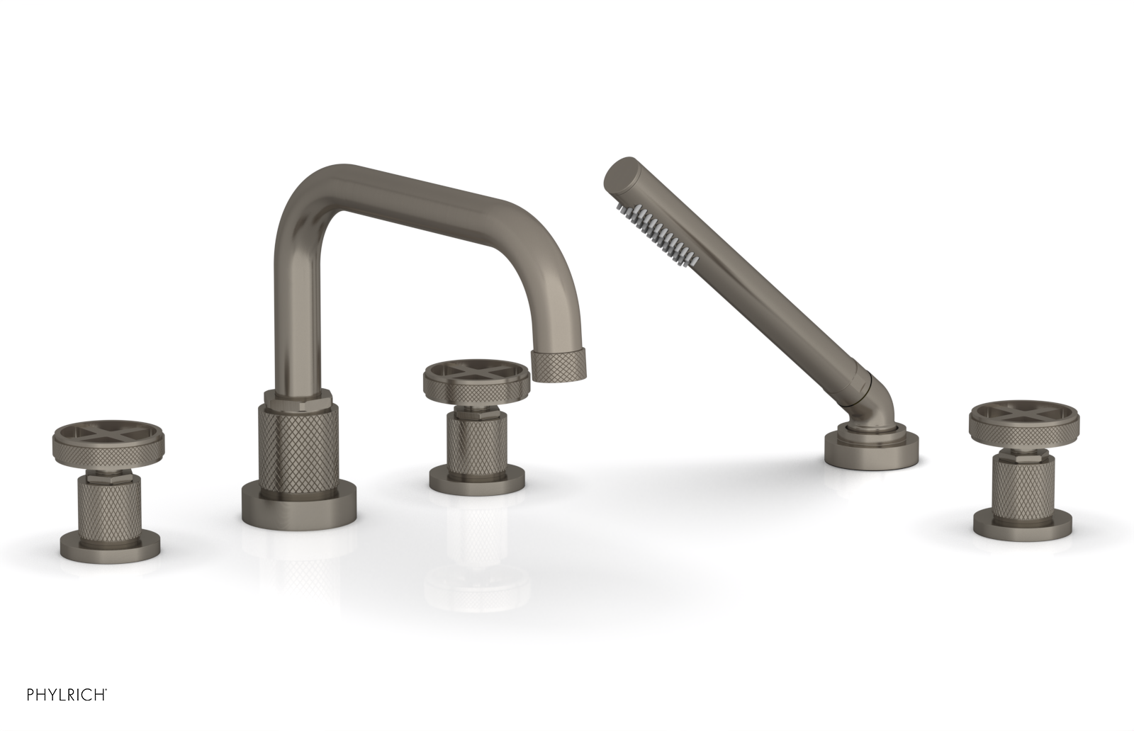 Phylrich Dustrie Knurled Deck Tub Set with Hand Shower with Cross Handles