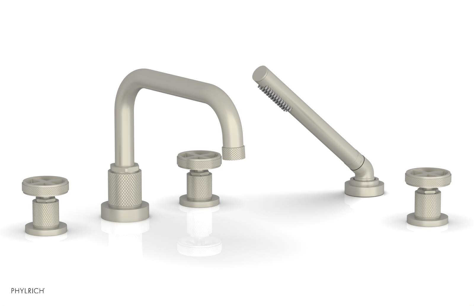 Phylrich Dustrie Knurled Deck Tub Set with Hand Shower with Cross Handles