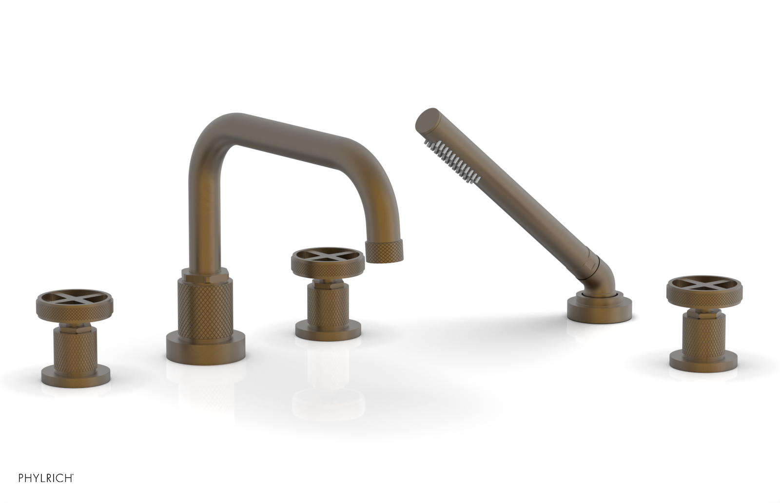 Phylrich Dustrie Knurled Deck Tub Set with Hand Shower with Cross Handles