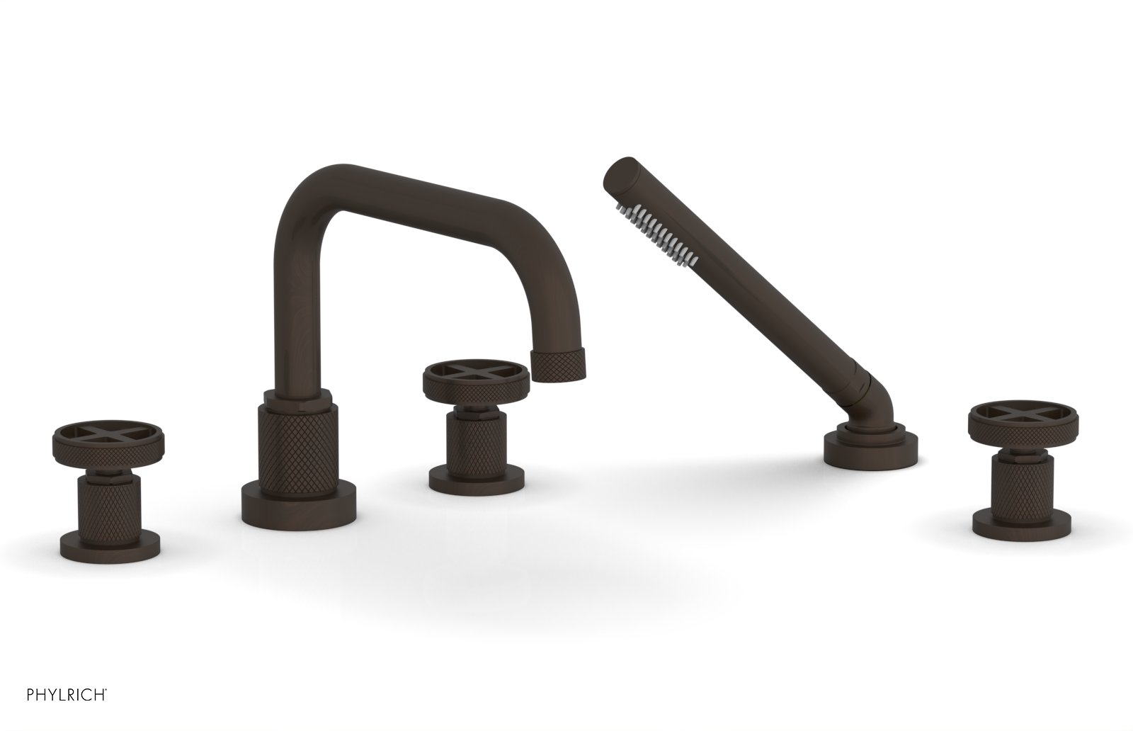 Phylrich Dustrie Knurled Deck Tub Set with Hand Shower with Cross Handles