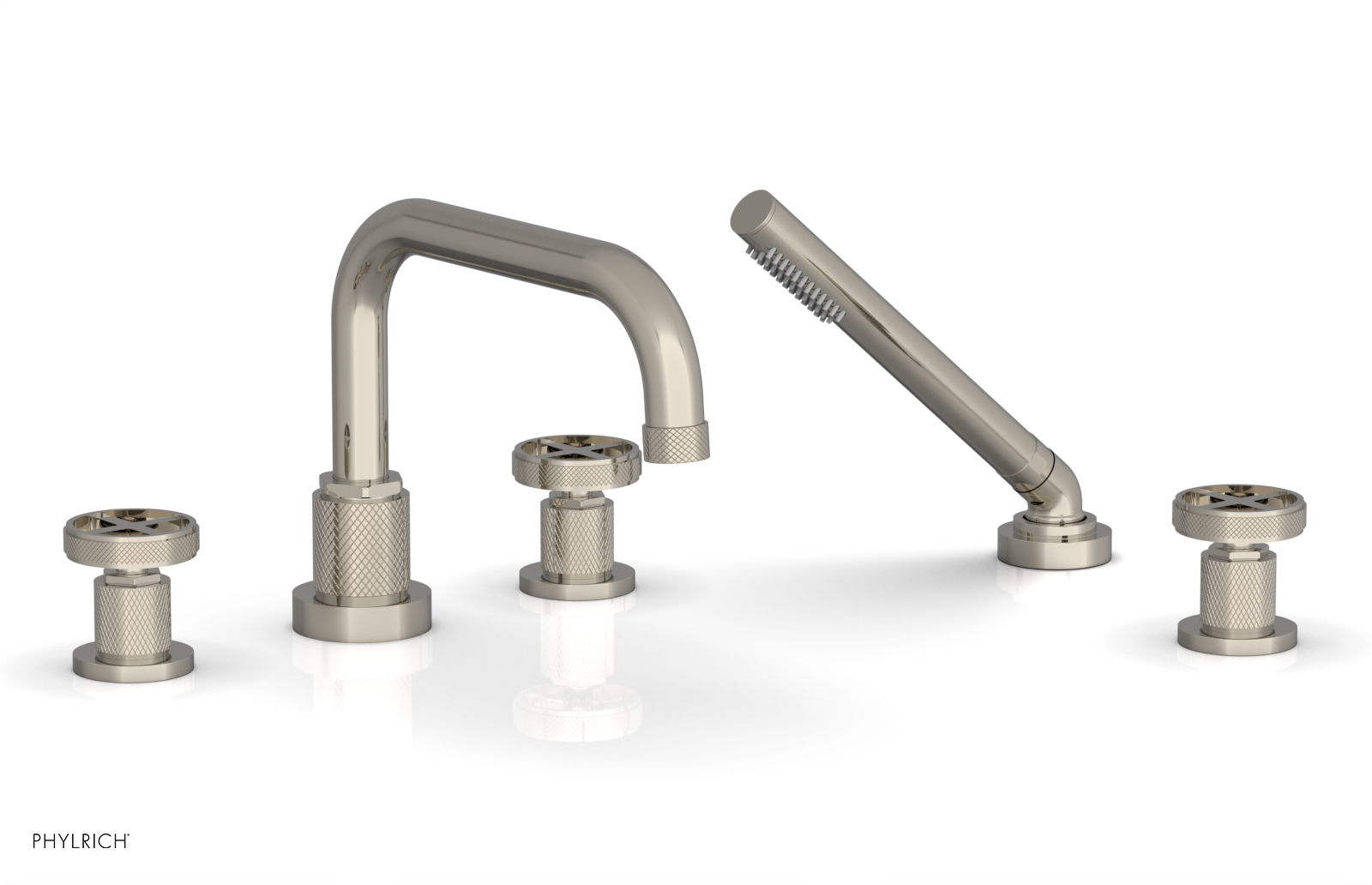 Phylrich Dustrie Knurled Deck Tub Set with Hand Shower with Cross Handles
