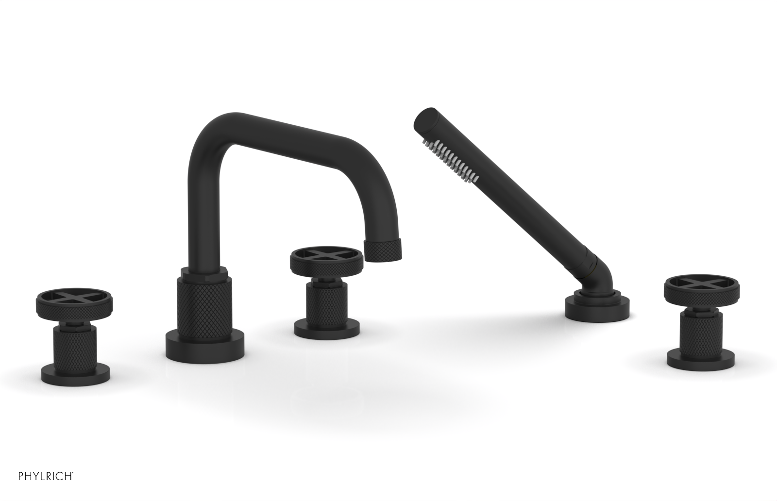 Phylrich Dustrie Knurled Deck Tub Set with Hand Shower with Cross Handles