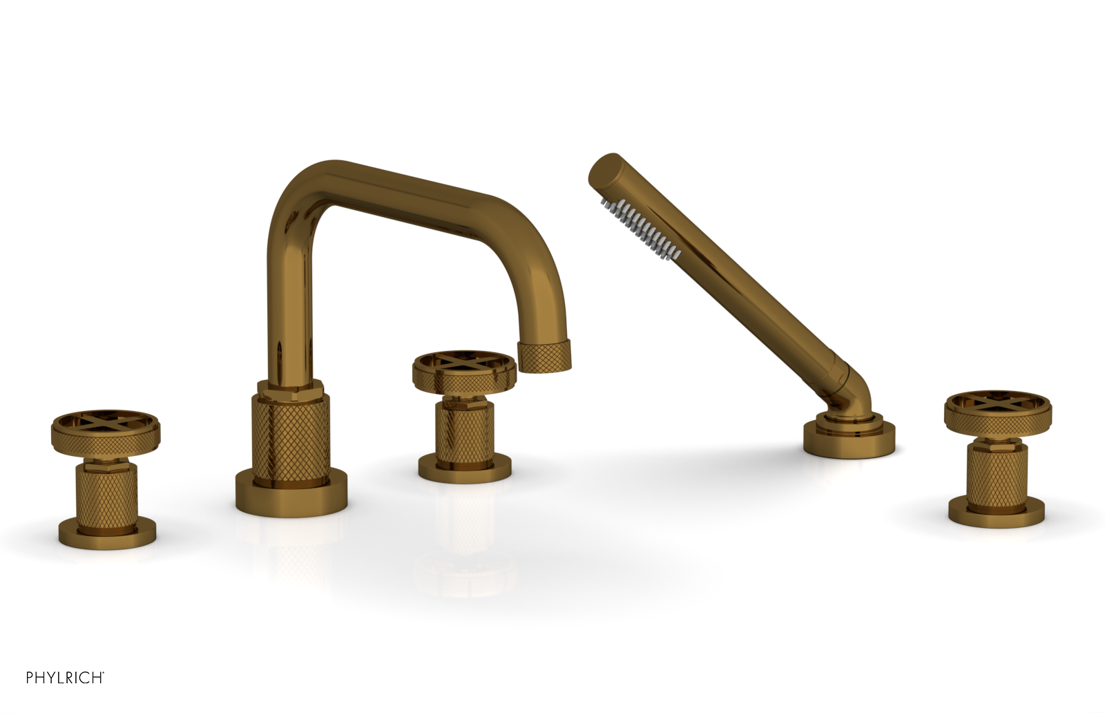 Phylrich Dustrie Knurled Deck Tub Set with Hand Shower with Cross Handles