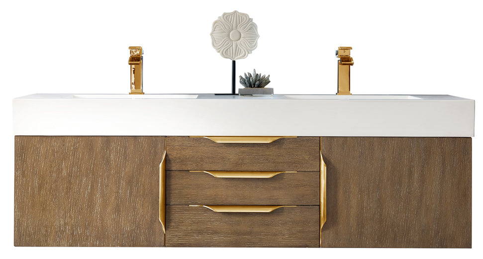 James Martin Vanities Columbia 59" Double Wall Mount Vanity With Radiant Gold Base And Glossy White Composite Stone Top