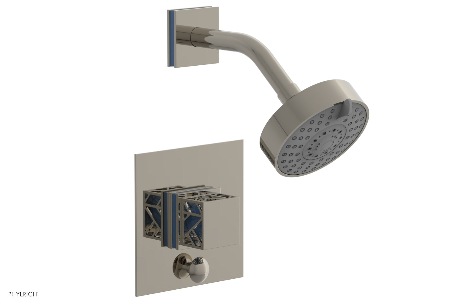 Phylrich JOLIE Pressure Balance Shower and Diverter Set (Less Spout), Square Handle with "Light Blue" Accents