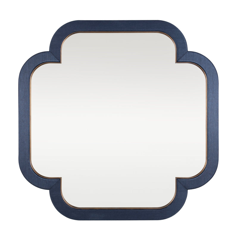 dark blue grasscloth/weathered brass mirror