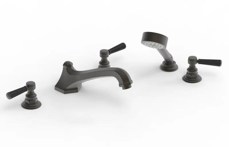 Phylrich HEX TRADITIONAL Deck Tub Set with Hand Shower - Satin Black Lever Handles by Phylrich