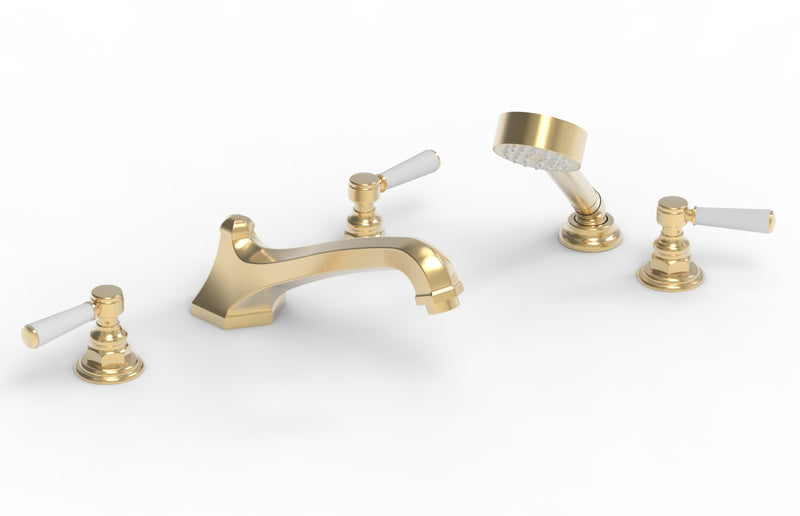 Phylrich HEX TRADITIONAL Deck Tub Set with Hand Shower - Satin White Lever Handles