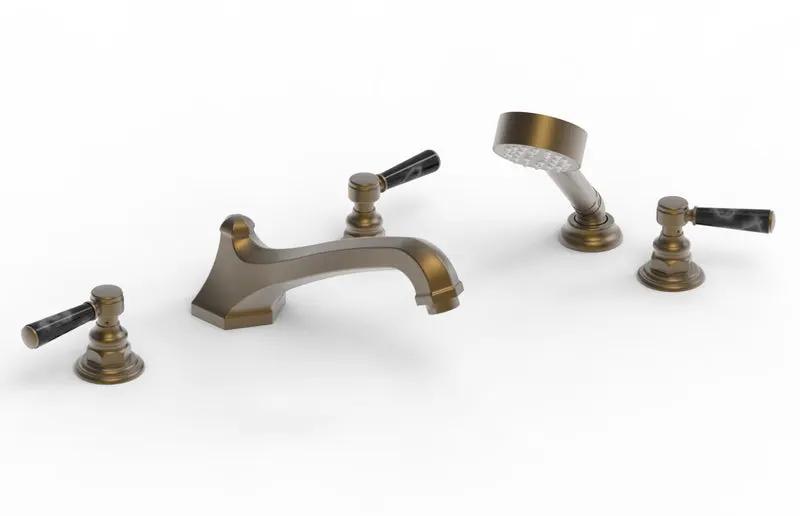 Phylrich HEX TRADITIONAL Deck Tub Set with Hand Shower - Black Marble Lever Handles by Phylrich
