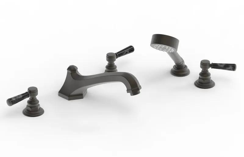 Phylrich HEX TRADITIONAL Deck Tub Set with Hand Shower - Black Marble Lever Handles by Phylrich