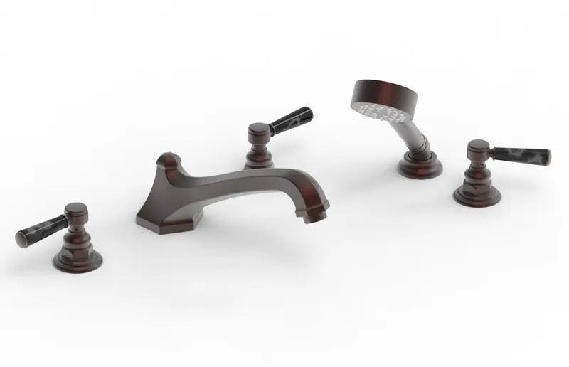 Phylrich HEX TRADITIONAL Deck Tub Set with Hand Shower - Black Marble Lever Handles by Phylrich