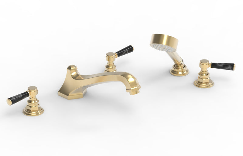 Phylrich HEX TRADITIONAL Deck Tub Set with Hand Shower - Black Marble Lever Handles