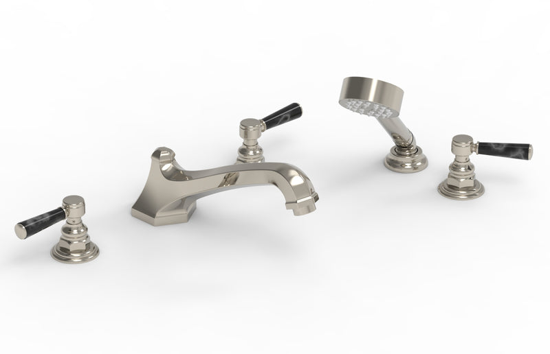 Phylrich HEX TRADITIONAL Deck Tub Set with Hand Shower - Black Marble Lever Handles