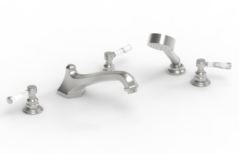 Phylrich HEX TRADITIONAL Deck Tub Set with Hand Shower - White Marble Lever Handles