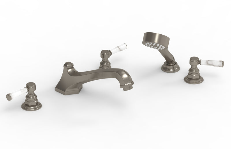 Phylrich HEX TRADITIONAL Deck Tub Set with Hand Shower - White Marble Lever Handles