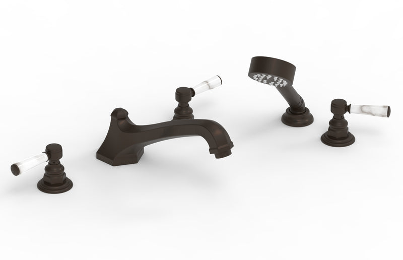 Phylrich HEX TRADITIONAL Deck Tub Set with Hand Shower - White Marble Lever Handles