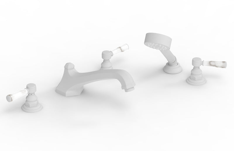 Phylrich HEX TRADITIONAL Deck Tub Set with Hand Shower - White Marble Lever Handles