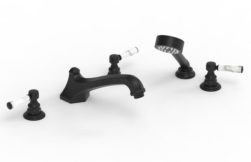 Phylrich HEX TRADITIONAL Deck Tub Set with Hand Shower - White Marble Lever Handles