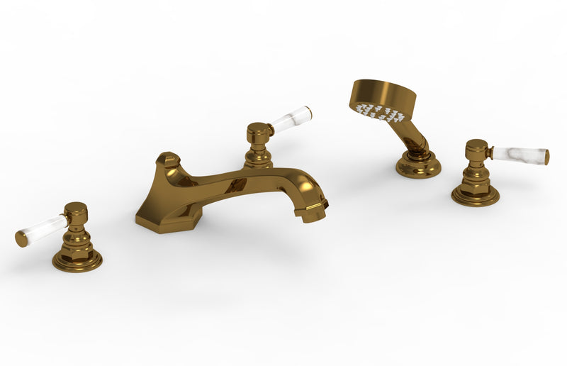 Phylrich HEX TRADITIONAL Deck Tub Set with Hand Shower - White Marble Lever Handles