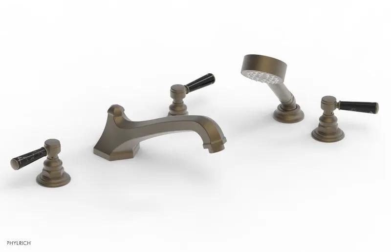 Phylrich HEX TRADITIONAL Deck Tub Set with Hand Shower - Black Marble Lever Handles by Phylrich
