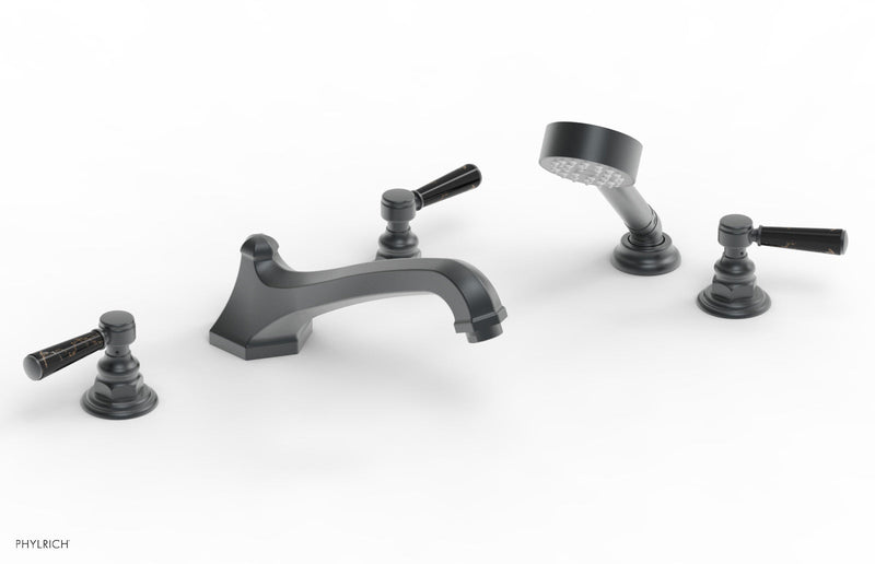 Phylrich HEX TRADITIONAL Deck Tub Set with Hand Shower - Black Marble Lever Handles