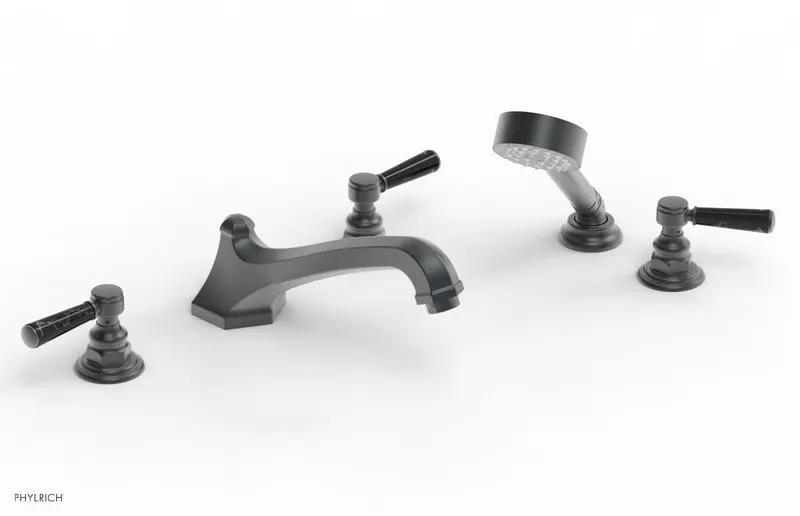 Phylrich HEX TRADITIONAL Deck Tub Set with Hand Shower - Black Marble Lever Handles by Phylrich