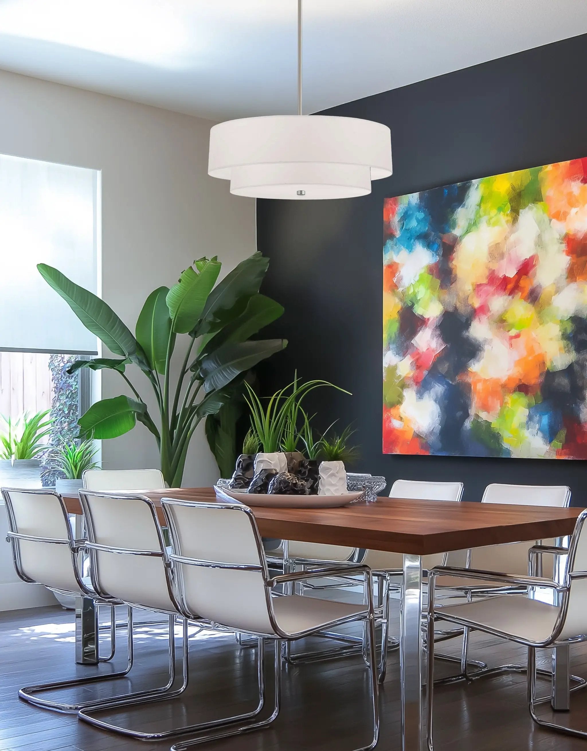 satin chrome with white shade pendants