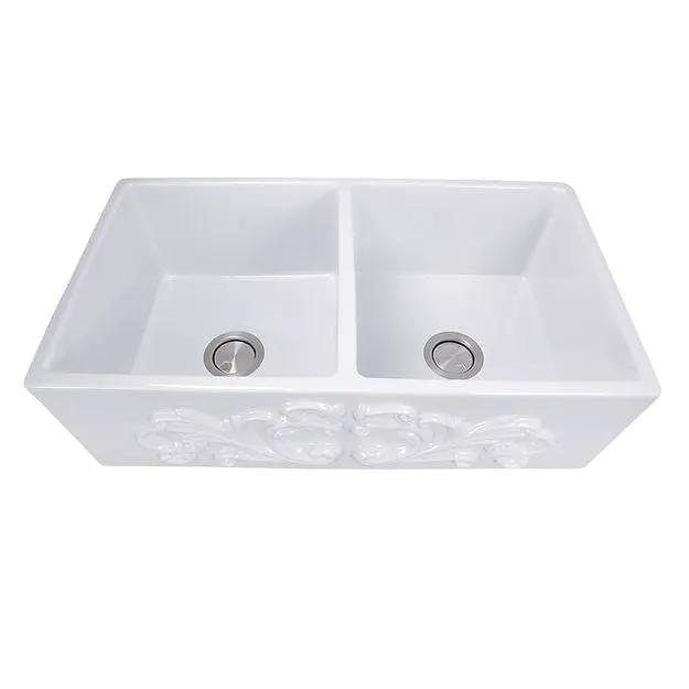 Nantucket Sinks Double Bowl Farmhouse Fireclay Sink with Filigree Apron - White by Nantucket