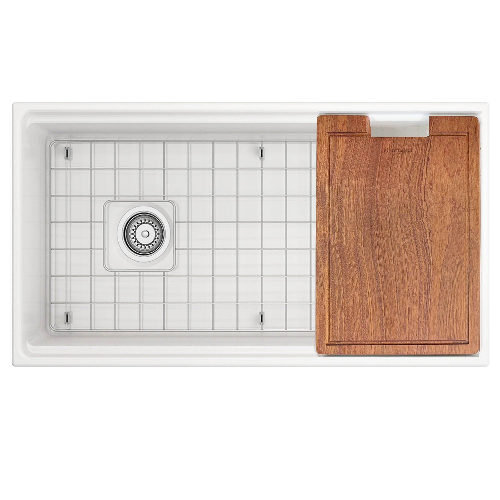 Nantucket Sinks 30 Inch Reversible Workstation Farmhouse Fireclay Sink with Offset Drain and Accessories by Nantucket