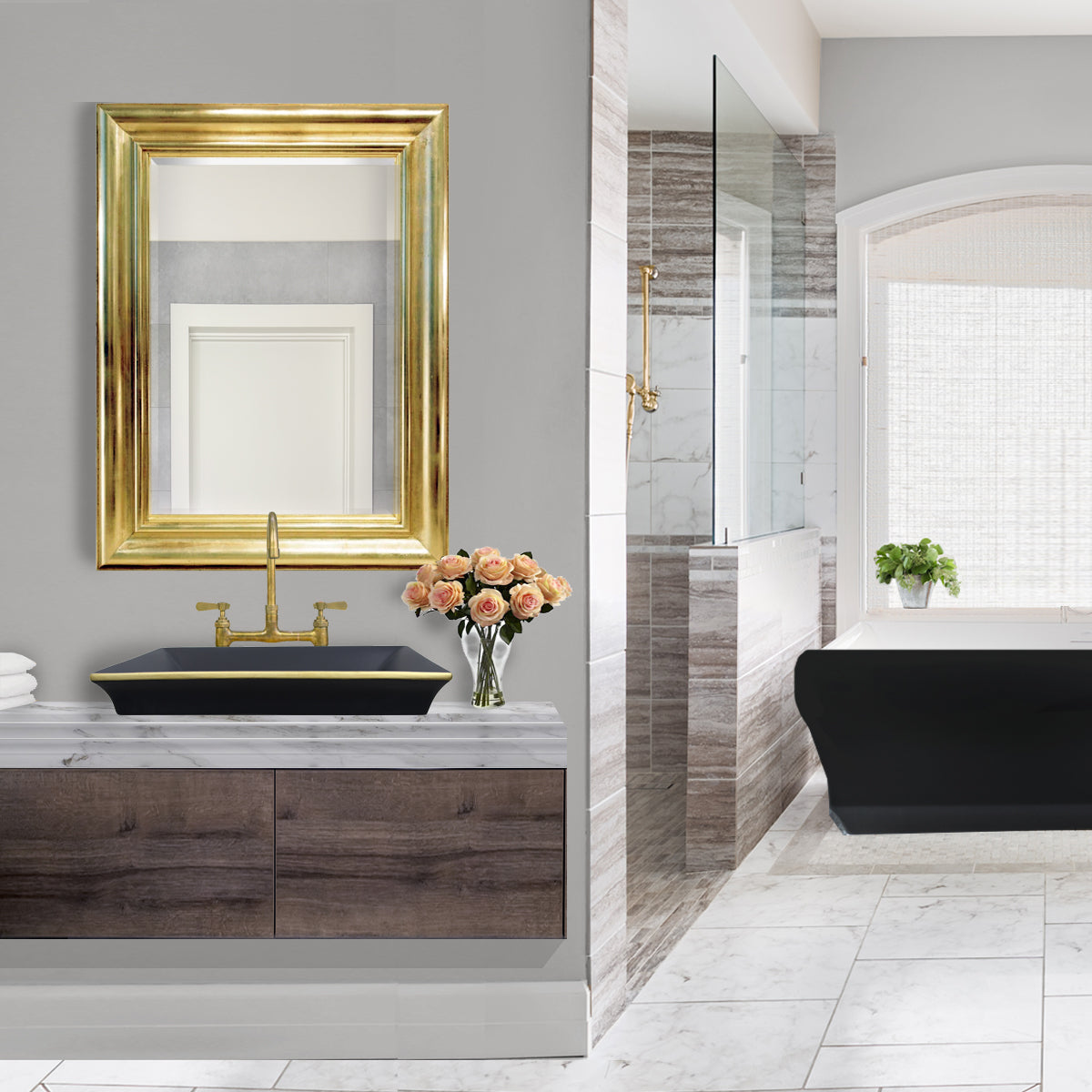 matte black with brushed gold band bathroom sink