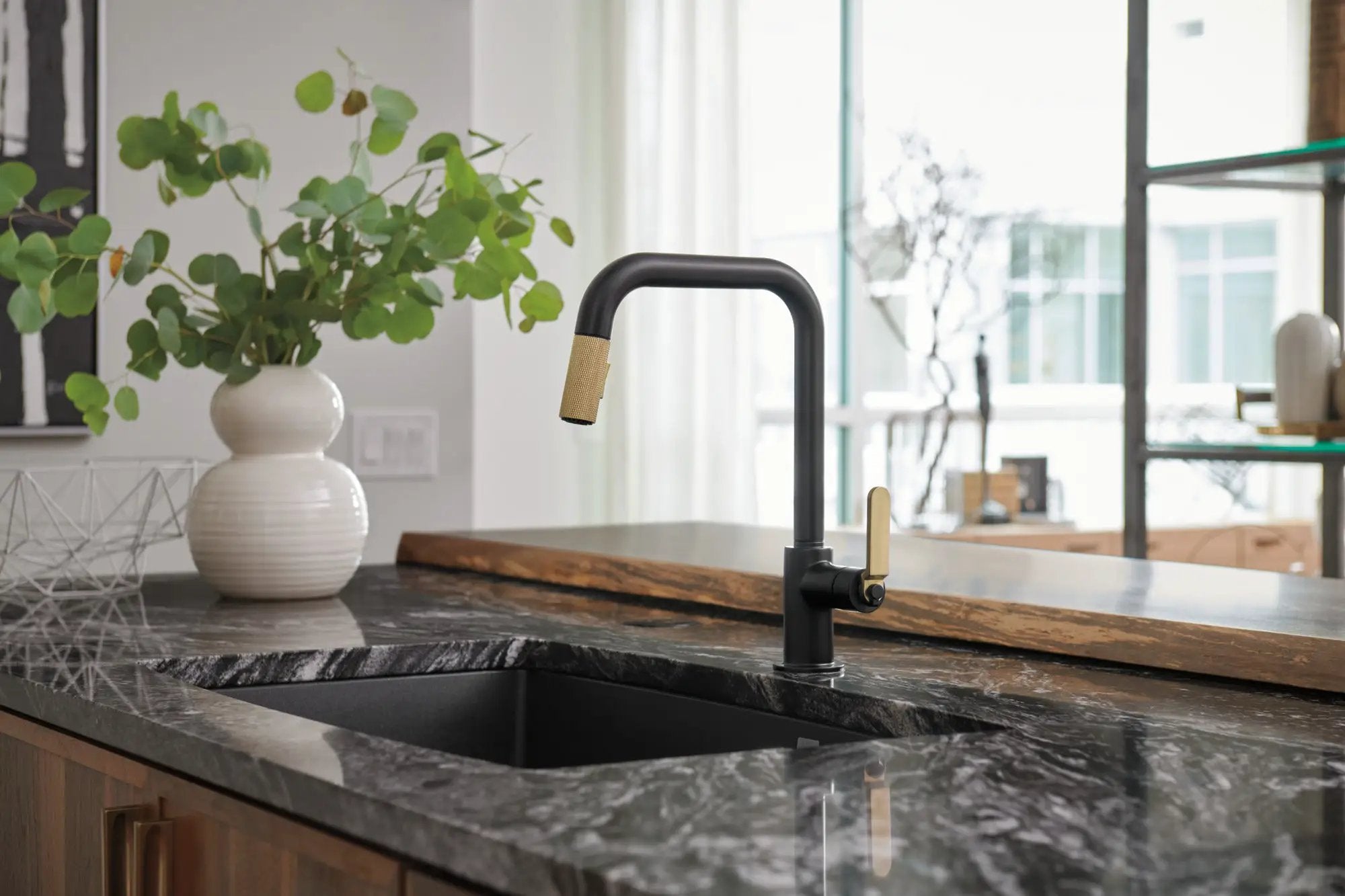 matte black / luxe gold pull-down faucet