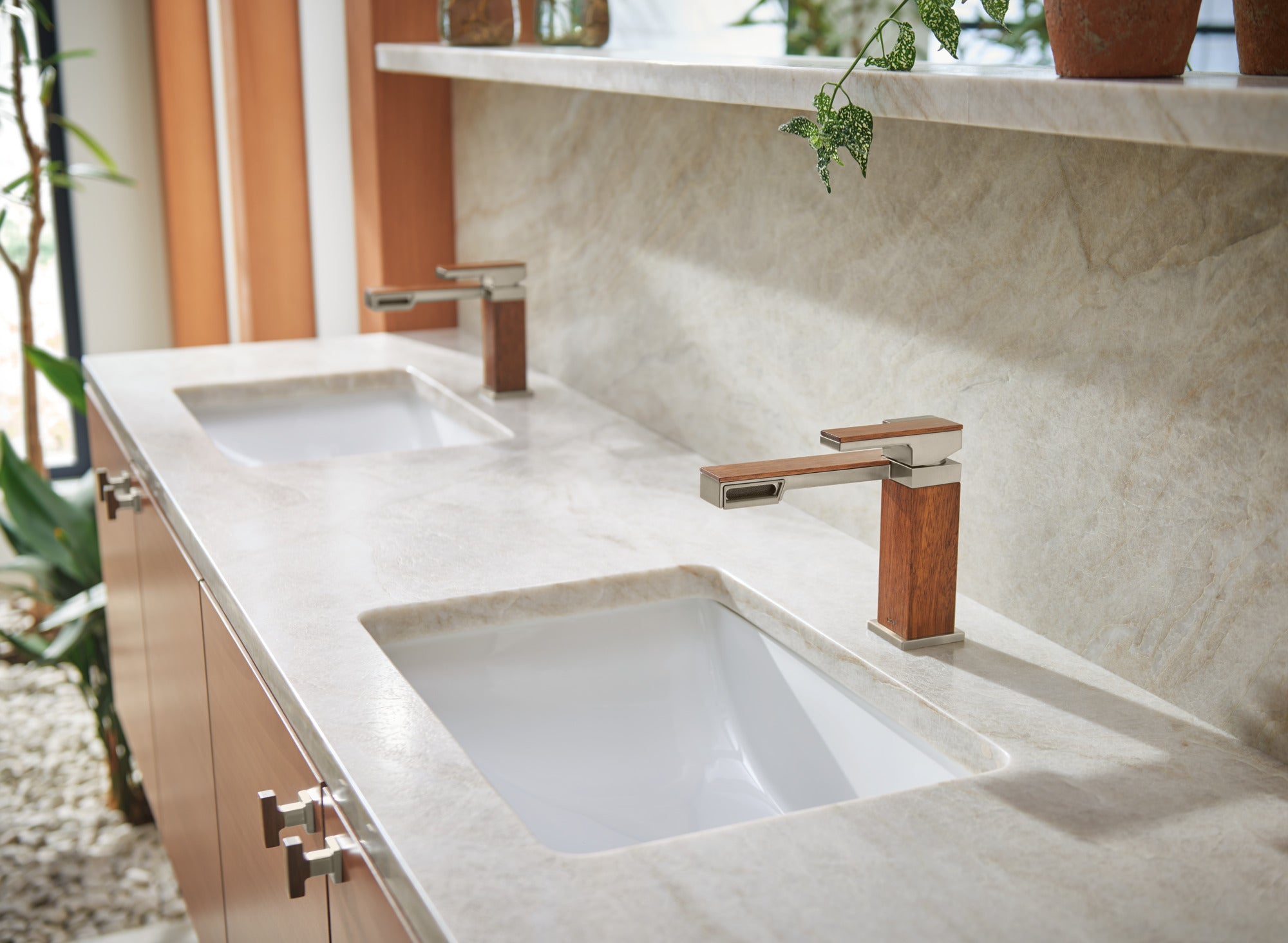luxe nickel / teak wood lavatory faucet