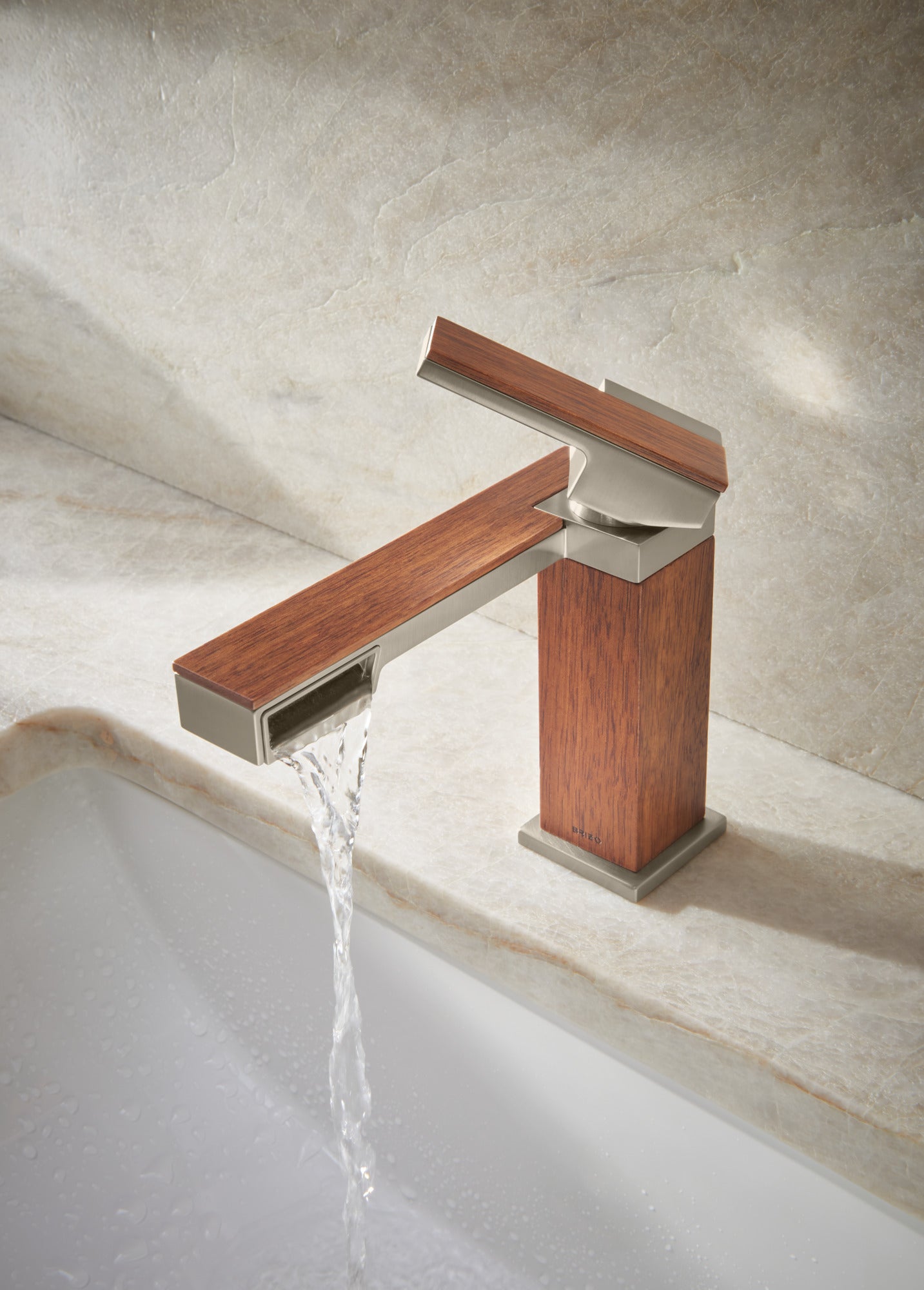 luxe nickel / teak wood lavatory faucet