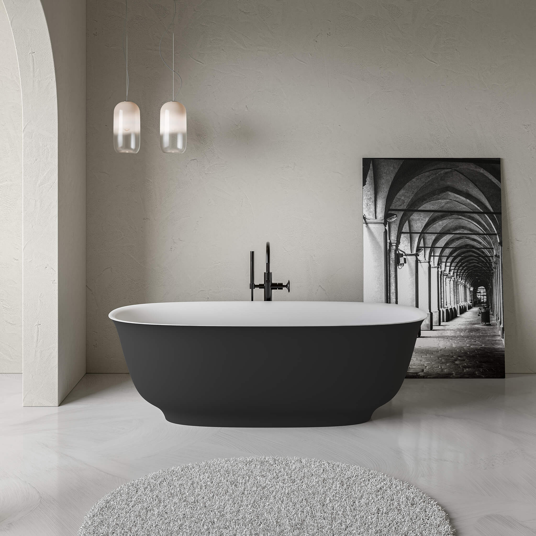 white matte interior/ black matte exterior bathtub