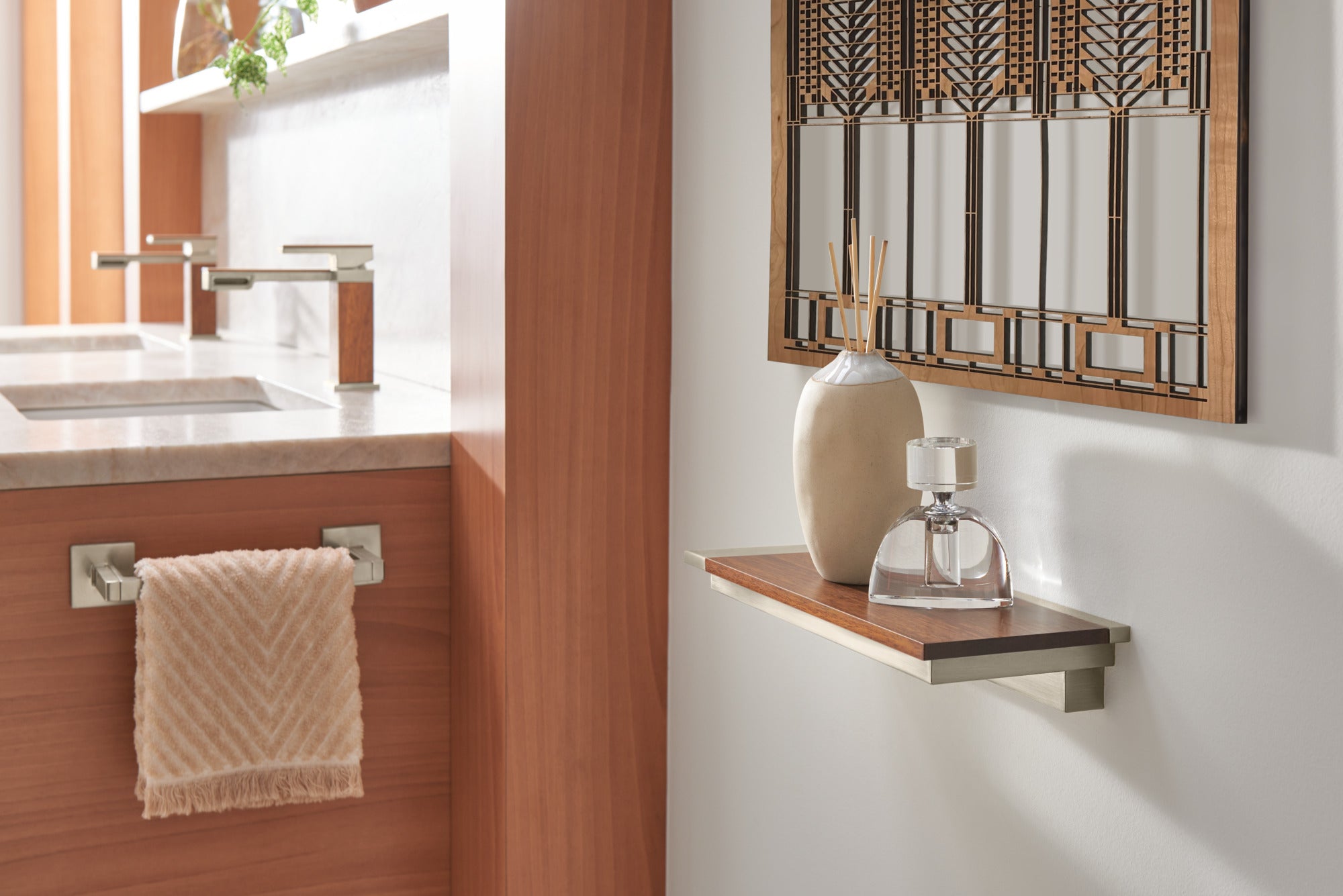 luxe nickel / teak wood wall shelf