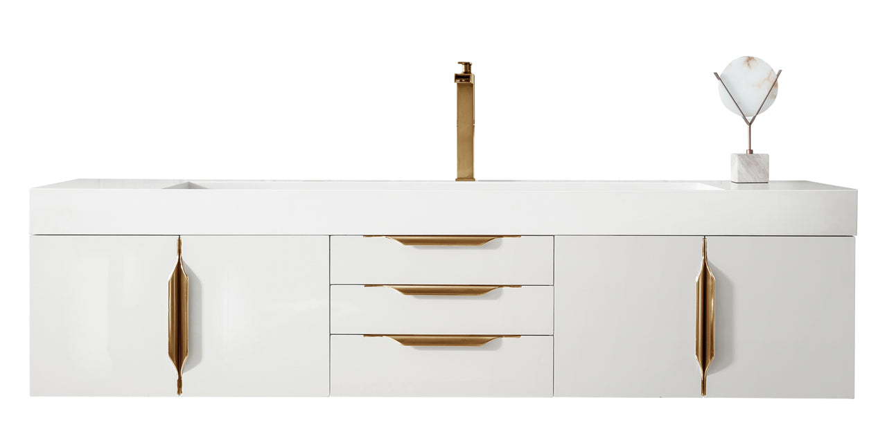 James Martin Vanities Columbia 72" Single Wall Mount Vanity With Radiant Gold Base and Glossy White Composite Stone Top