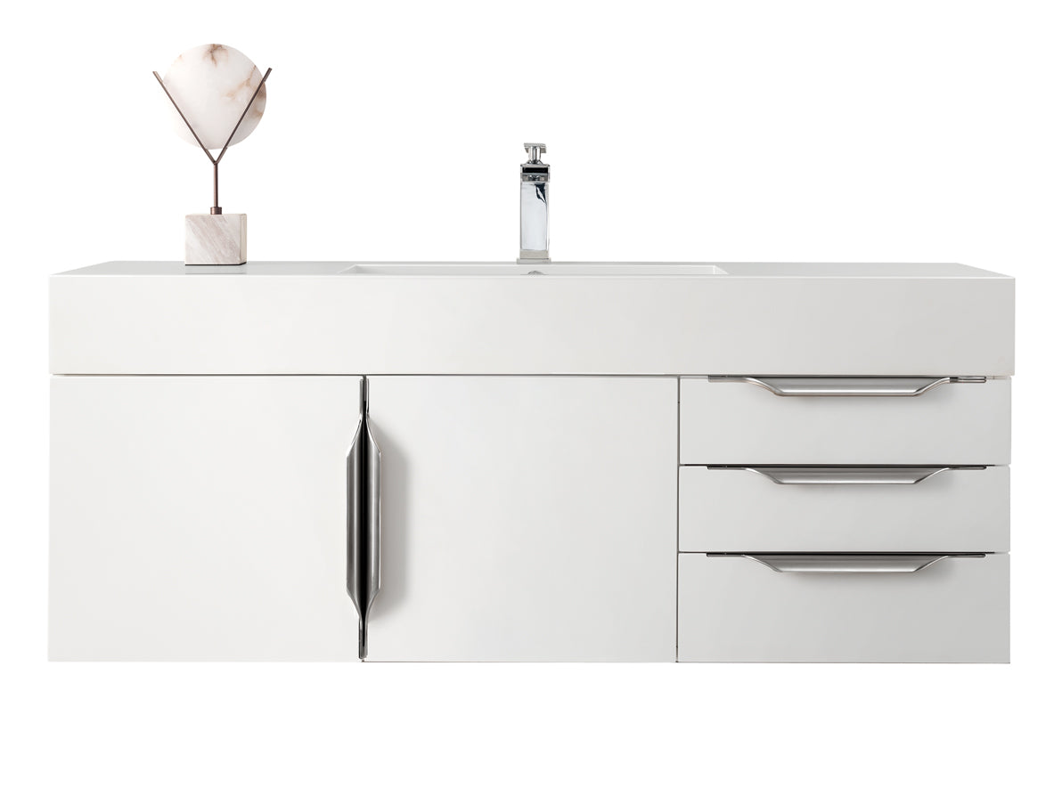 James Martin Vanities Columbia 48" Single Wall Mount Vanity With Brushed Nickel and Glossy White Composite Stone Top