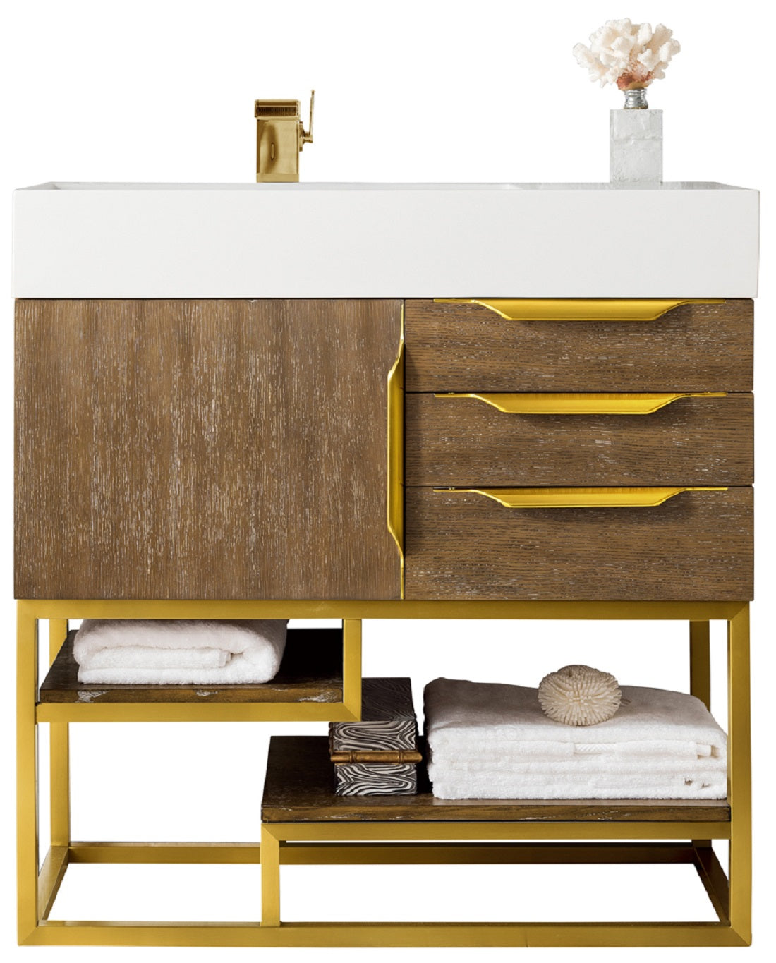 James Martin Vanities Columbia 36" Single Vanity With Radiant Gold Base and Glossy White Composite Stone Top