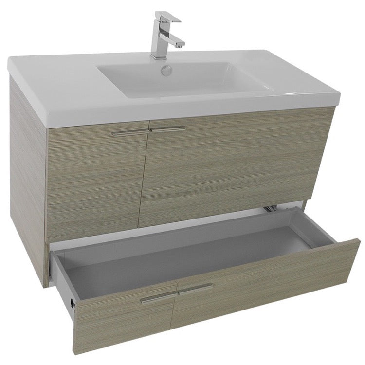 Nameeks ACF 39-1/5" Floor Standing Vanity Set with Wood Cabinet, Ceramic Top with 1 Sink and 1 Mirror