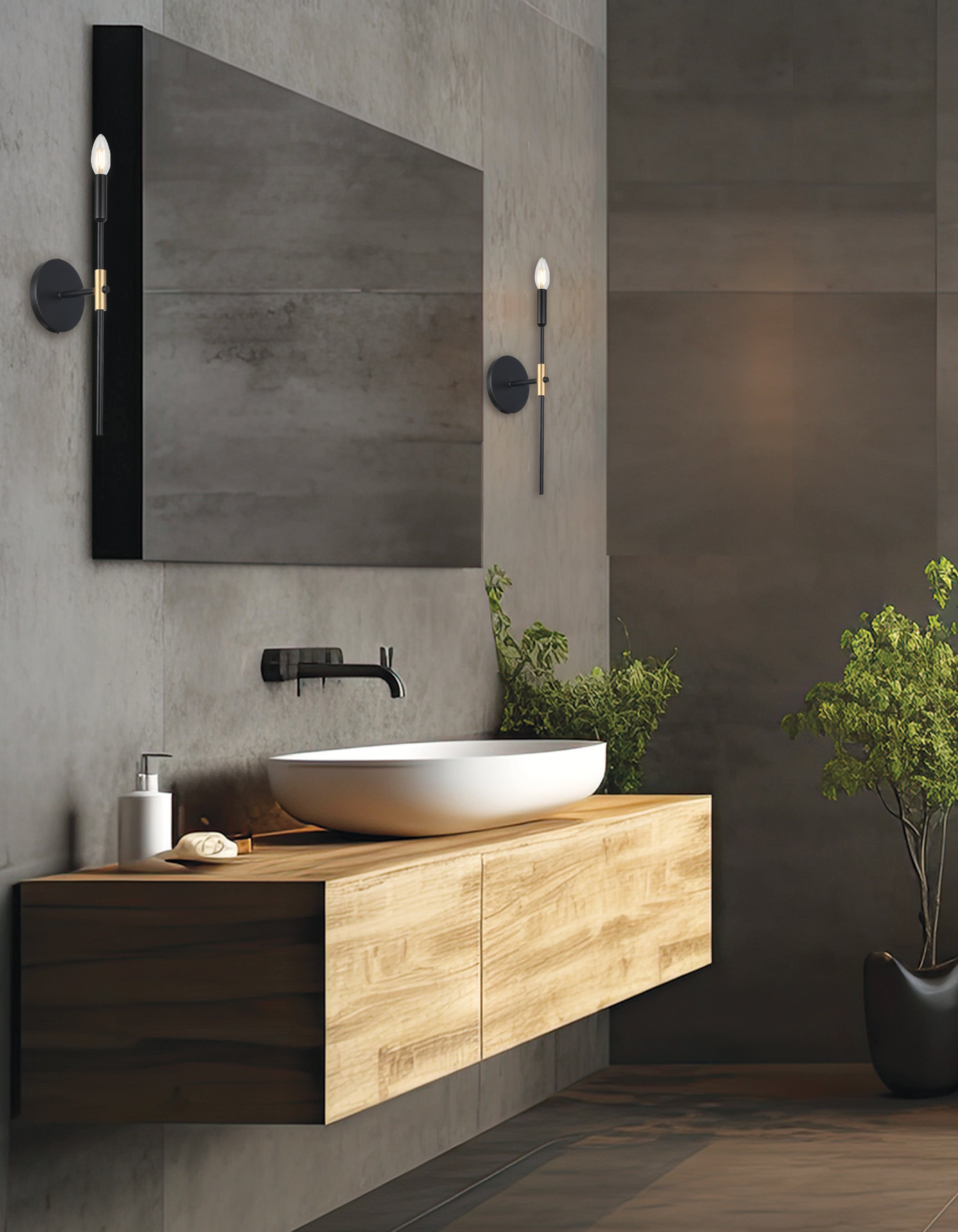 satin chrome and matte black and aged brass wall sconce