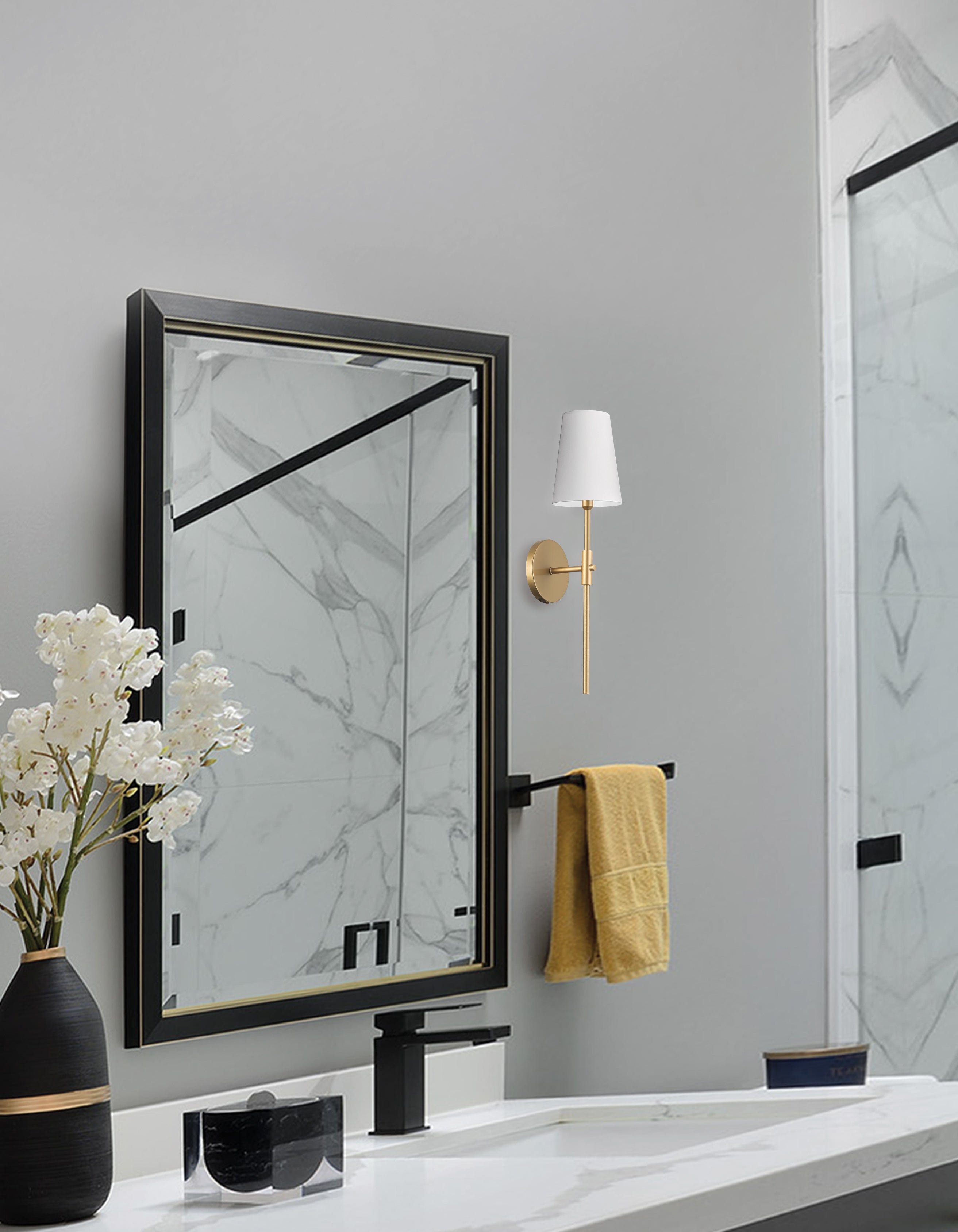 satin chrome and aged brass with white shade wall sconce