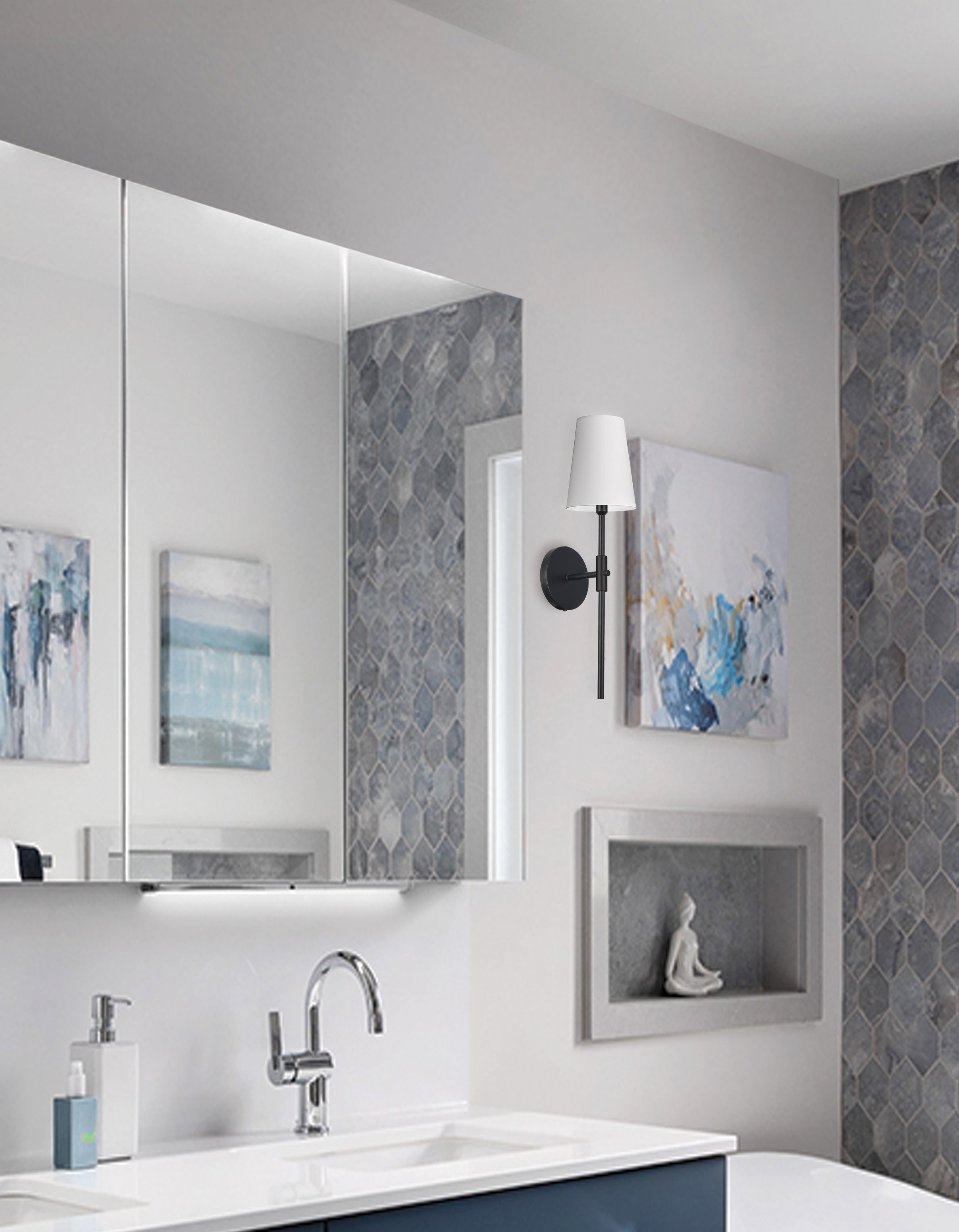 satin chrome and matte black with white shade wall sconce