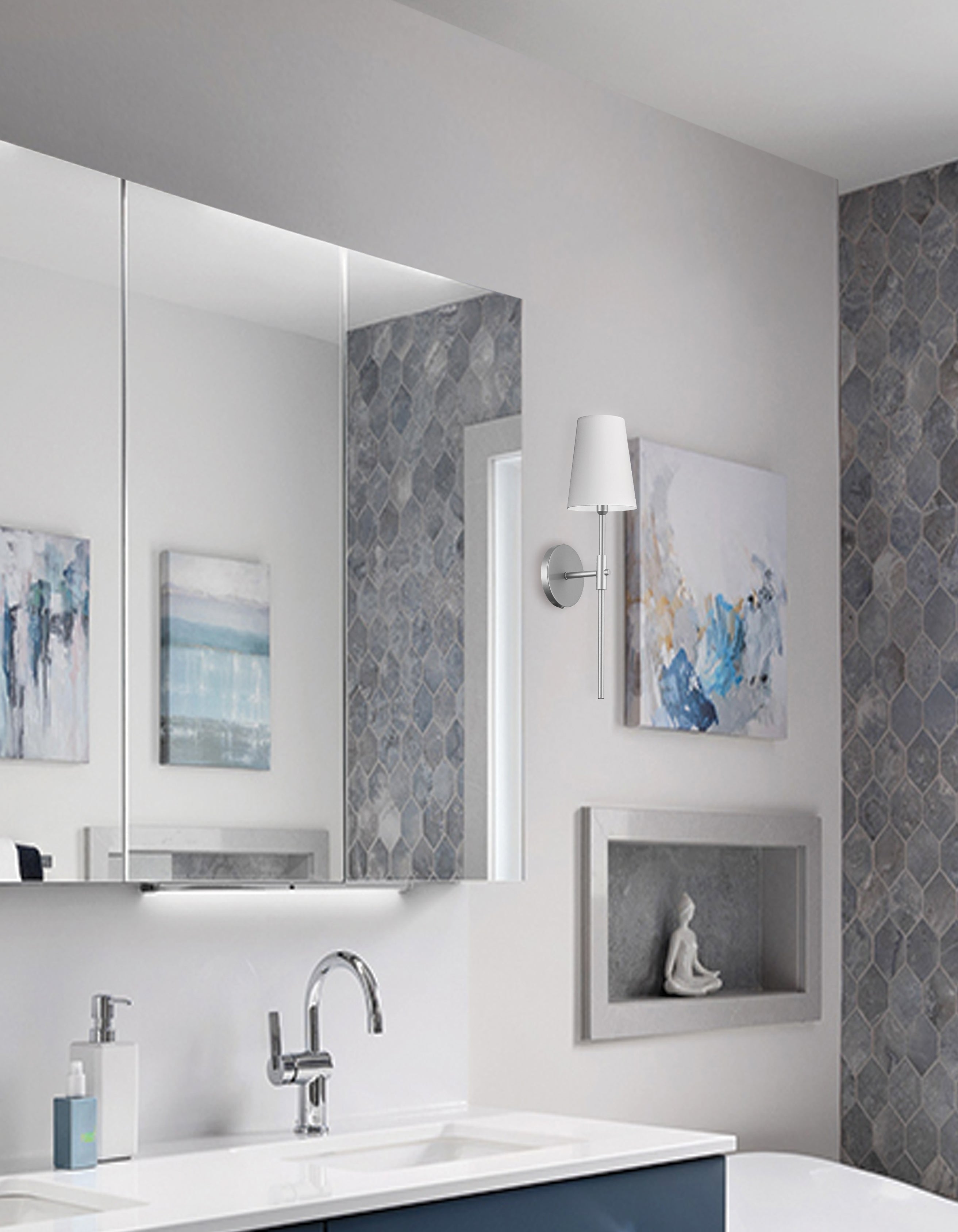 satin chrome and polished chrome with white shade wall sconce