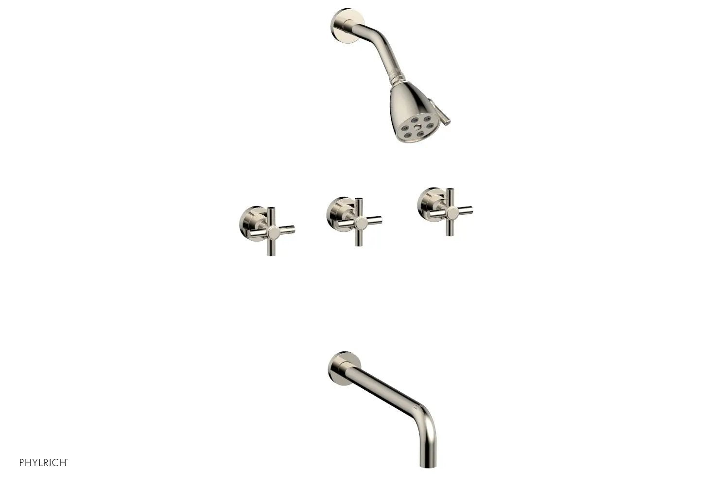 Phylrich BASIC Three Handle Tub and Shower Set 12" Spout - Tubular Cross Handles by Phylrich
