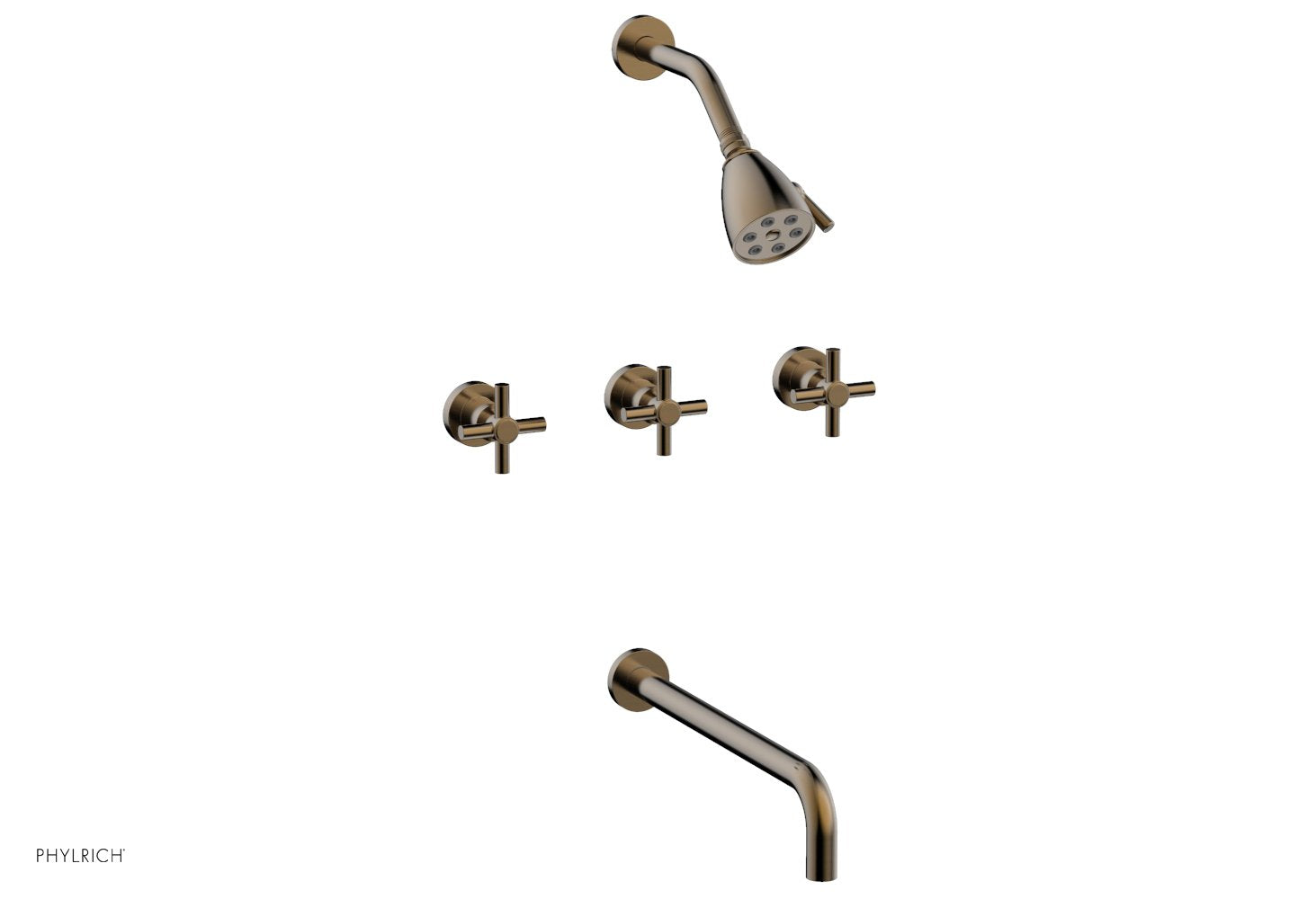Phylrich BASIC Three Handle Tub and Shower Set 14" Spout - Tubular Cross Handles