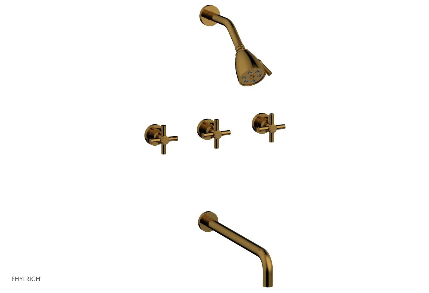 Phylrich BASIC Three Handle Tub and Shower Set 14" Spout - Tubular Cross Handles by Phylrich